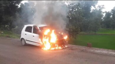 A sudden fire broke out in a car coming from Bhanupratappur to Kanker, the driver saved his life